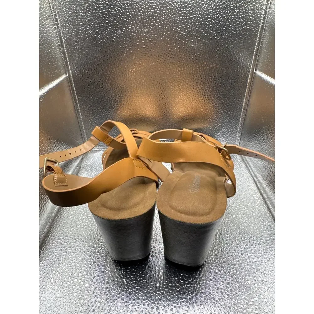 Weeboo Tan Strappy Faux Leather Platform Wedge Sandals Women's‎ 6.5